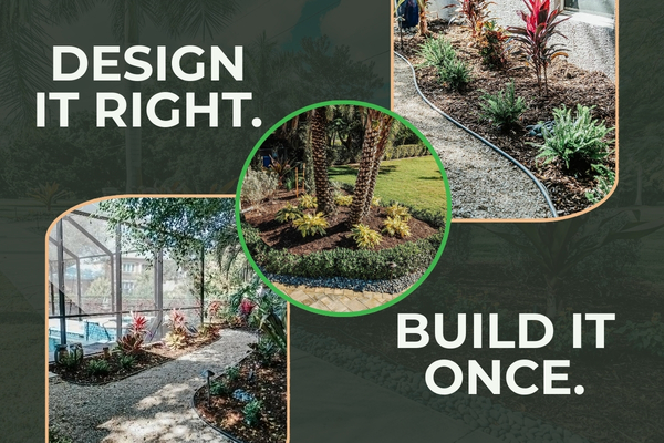 Professional landscape design installation in Fort Myers featuring tropical plants, lighting, and hardscape elements.