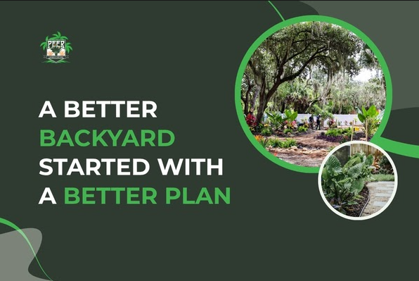 Professional landscaping crew renovating an overgrown backyard with fresh plants, mulch, and clean landscape edging in Fort Myers.