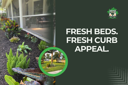 Freshly renovated landscape beds with new mulch, healthy plants, and clean edging surrounding a Fort Myers home.